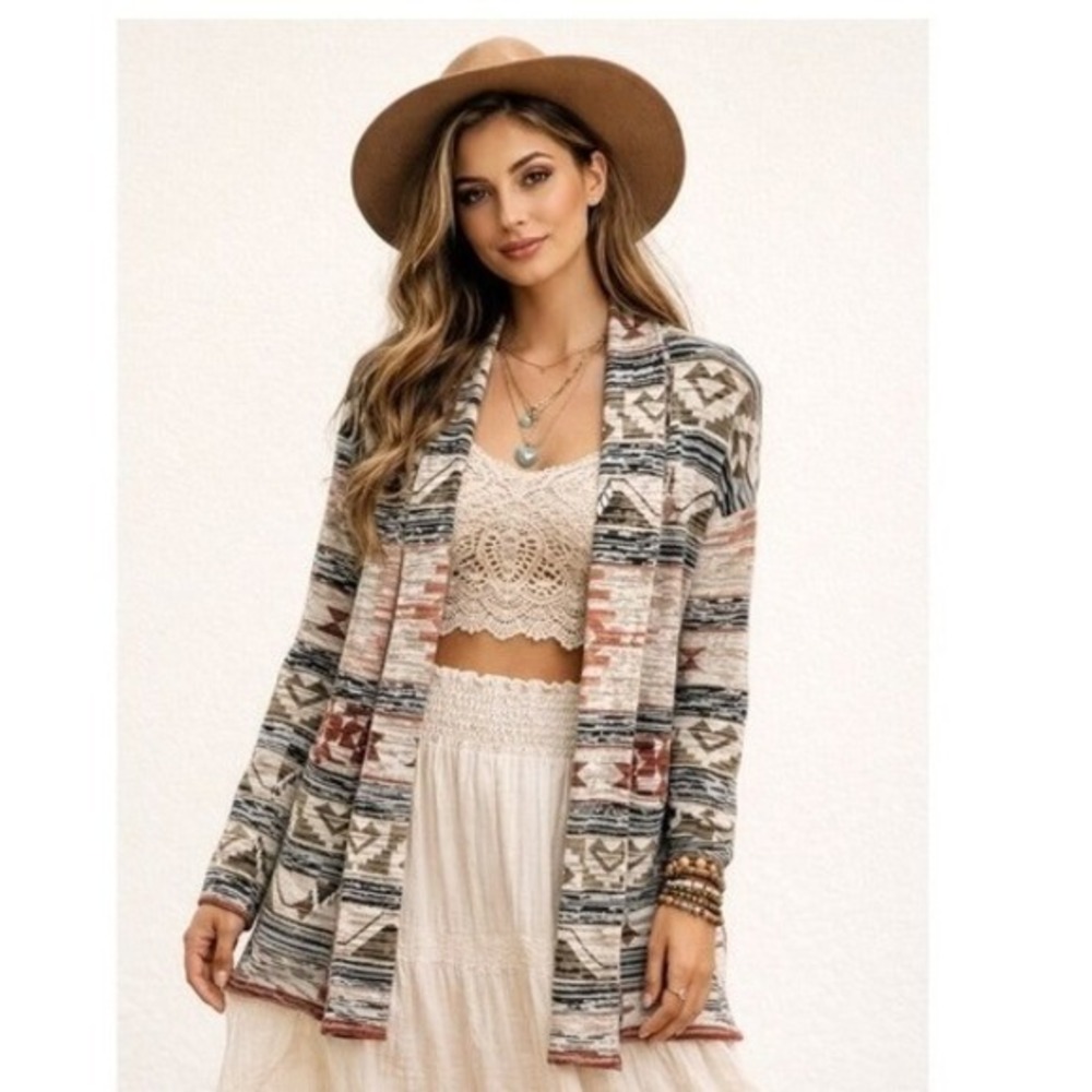 Sun & Shadow Aztec Print Cardigan Sweater Womens XS‎ 100% Cotton Open Front Boho